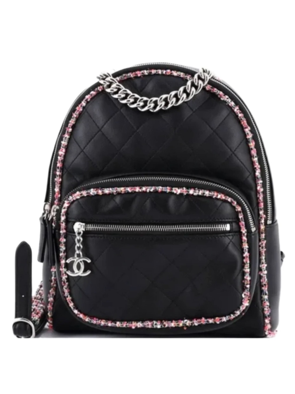 CHANEL Elegant Trim Quilted Leather Tweed Small Backpack Black